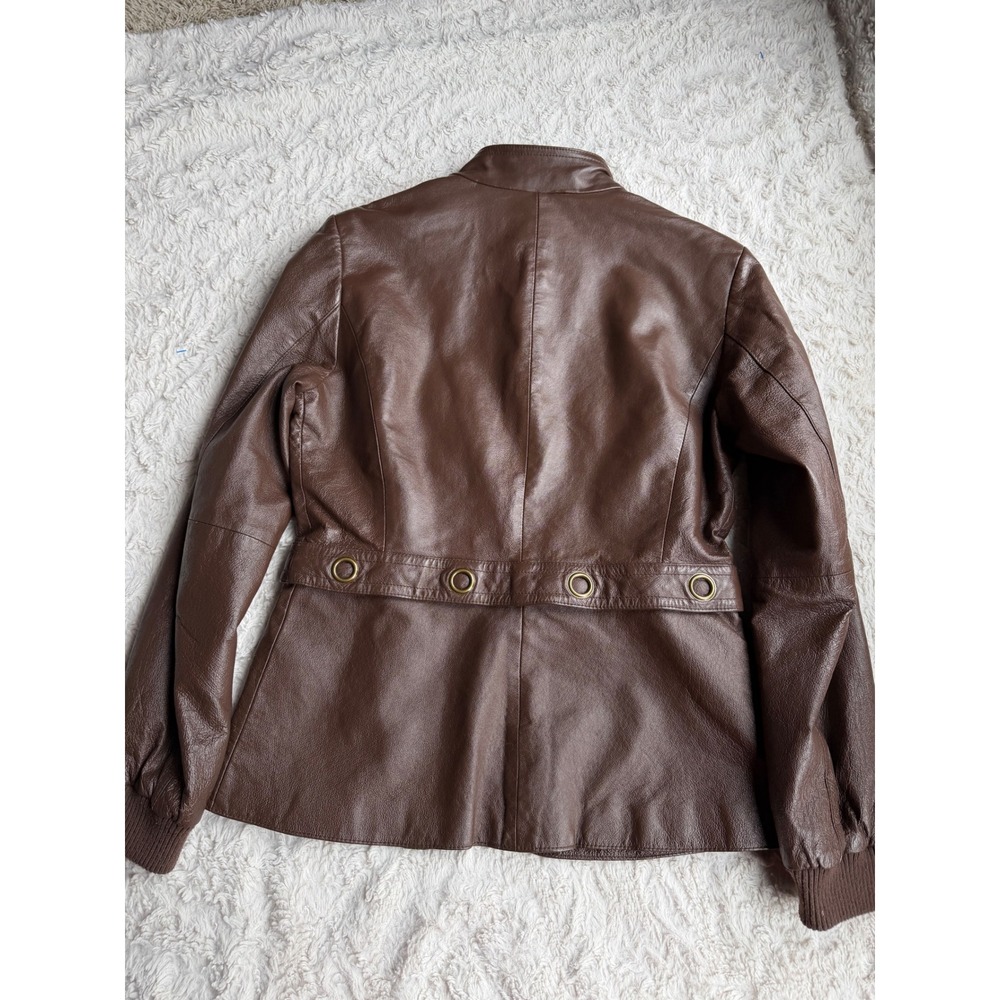 Newport News Leather Moto Jacket Brown Zip Front Vintage Y2K Convertible S - Picture 12 of 17